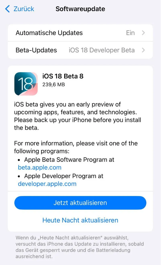 芦山苹果手机维修分享苹果 iOS / iPadOS 18 开发者预览版 Beta 8 发布 